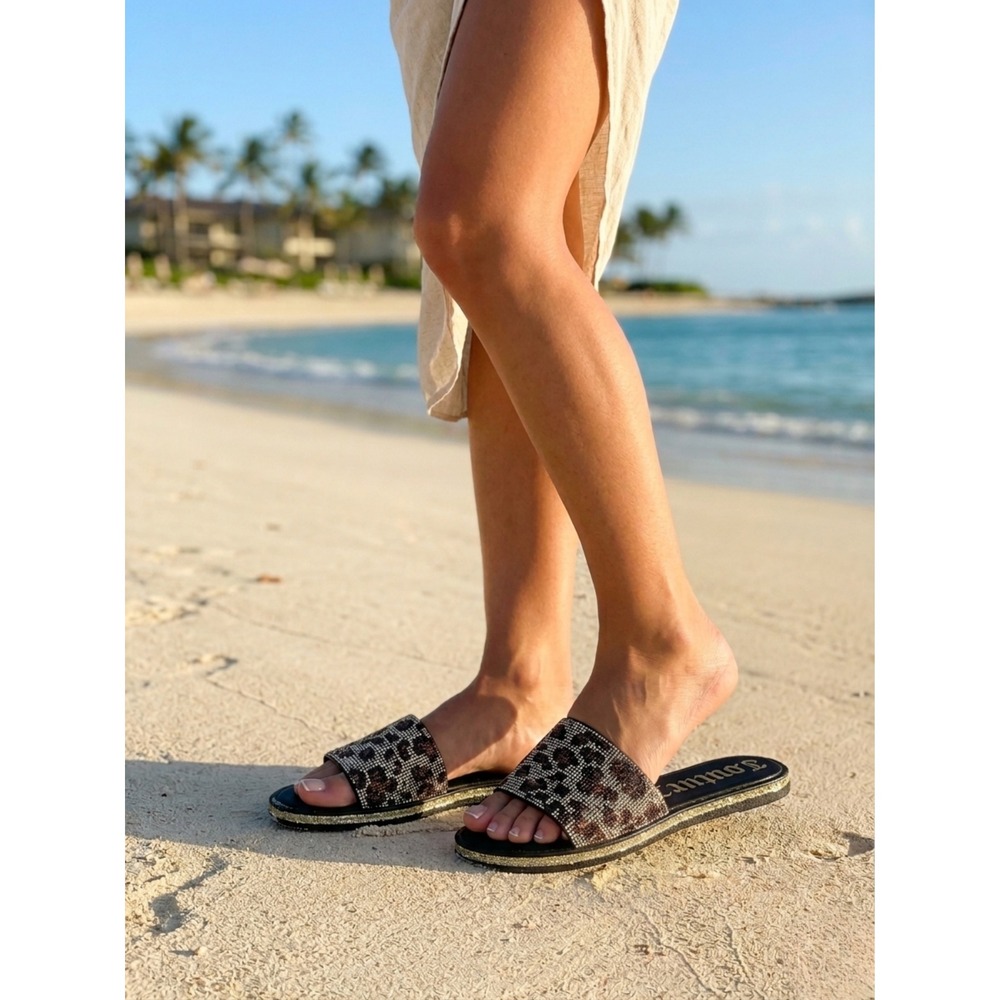 Juicy Couture JC-Yummy Leopard Rhinestone Slide Sandals Black Gold Womens 8M New